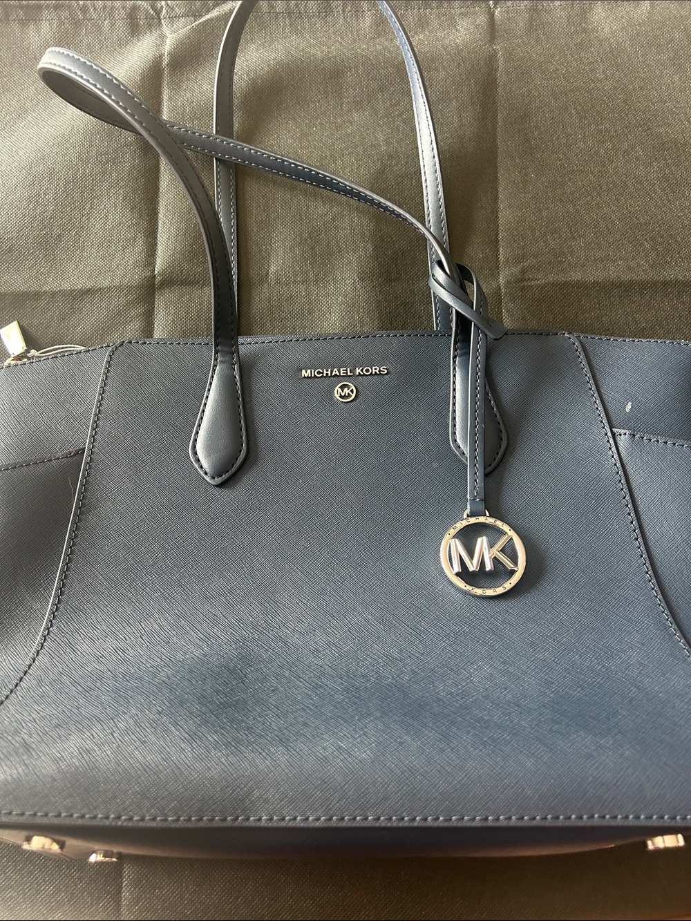 MICHAEL KORS Navy Saffiano Leather Tote with Gold MK Charm